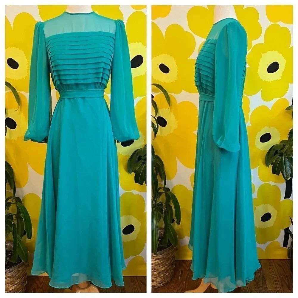 Vintage 1970s Peacock Teal Pleated Chiffon Sheer Balloon Sleeve Maxi Gown